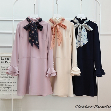 お花柄リボン付ワンピース ワンピース 長袖 ミニ丈 ミニワンピース フリル リボン クラシカル レディース服 カテゴリ