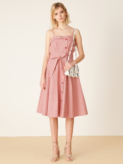 レトロコットンワンピース ウエストリボン ワンピース ハイウエスト レトロ ワンピ フレア 膝丈 花柄 ギンガムチェック レディース服 カテゴリ